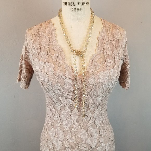 Vintage Y2K Michi Long Taupe Lace Fitted Sheath Dress Women's Size Small - Picture 2 of 11